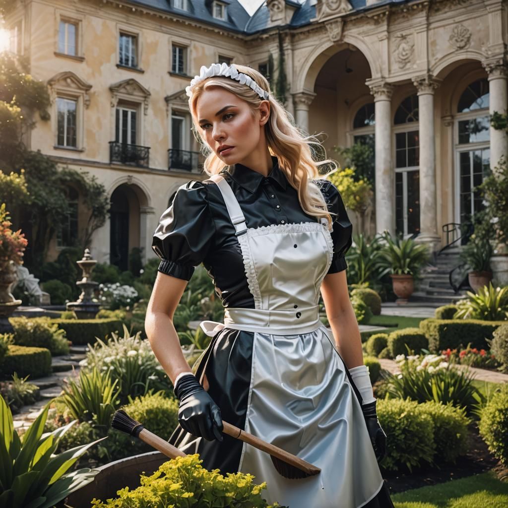 Blonde Woman in Latex Maid Outfit Cleans Mansion Garden