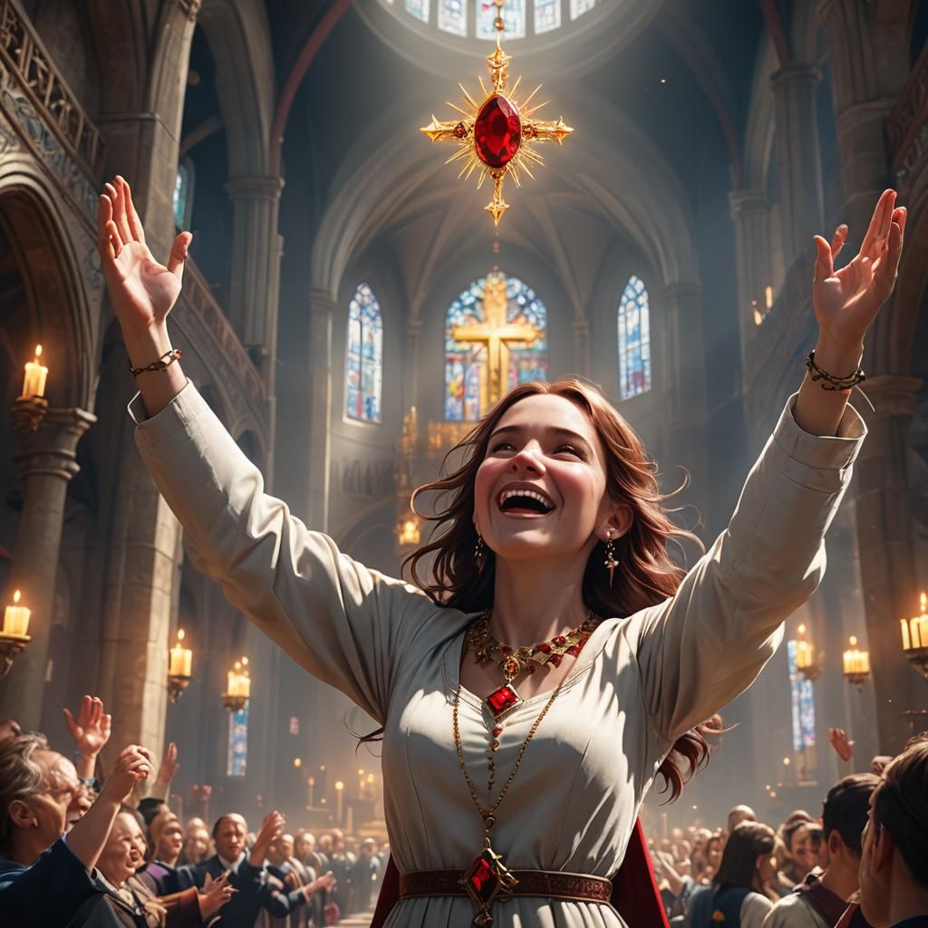 girl in church with shining red jewel on her necklace, full ...