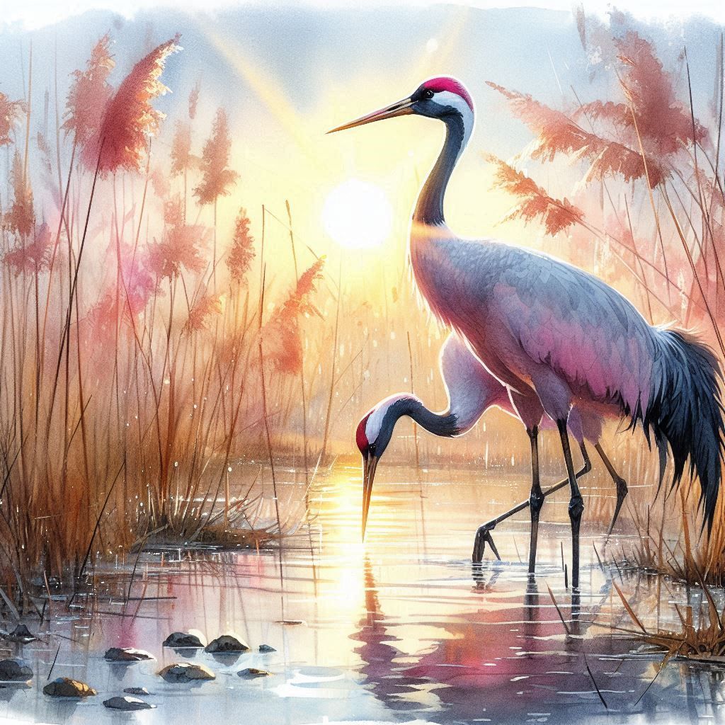pink cranes, watercolor