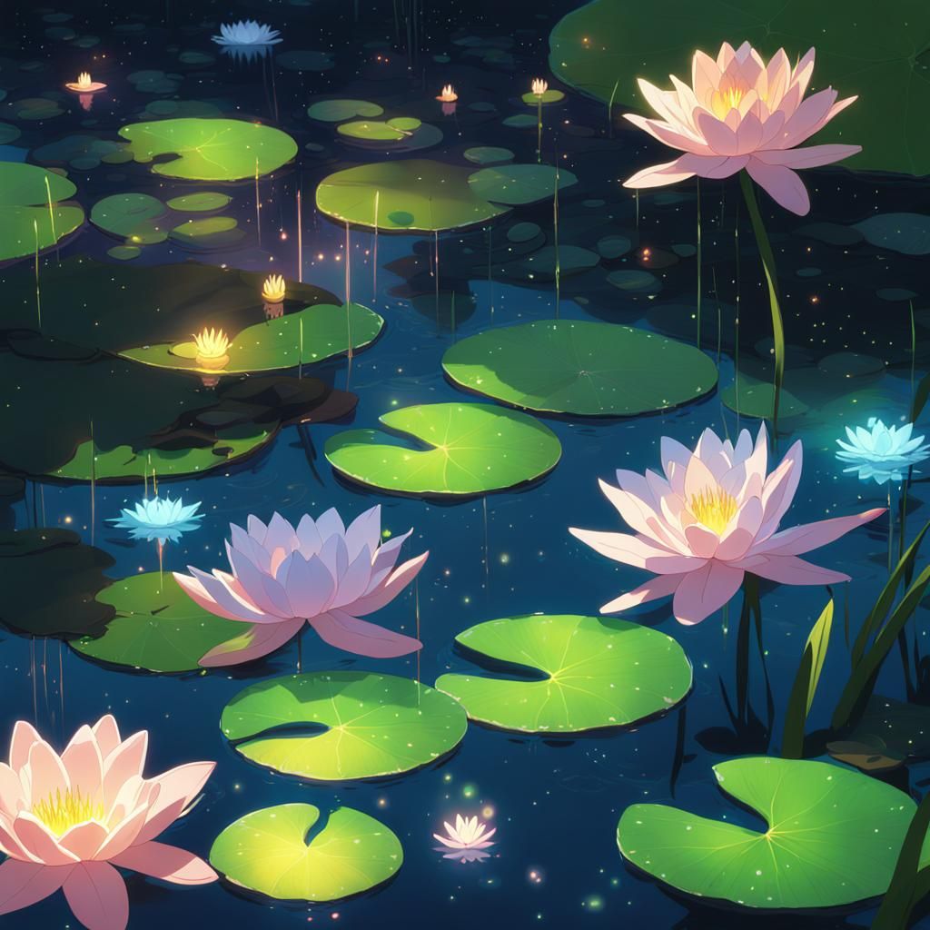 Lily pond at night