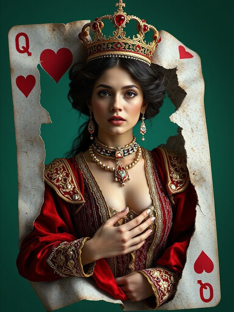 A stunning photorealistic depiction of the Queen of Hearts playing card, twisted into life — a beautiful regal woman eru...