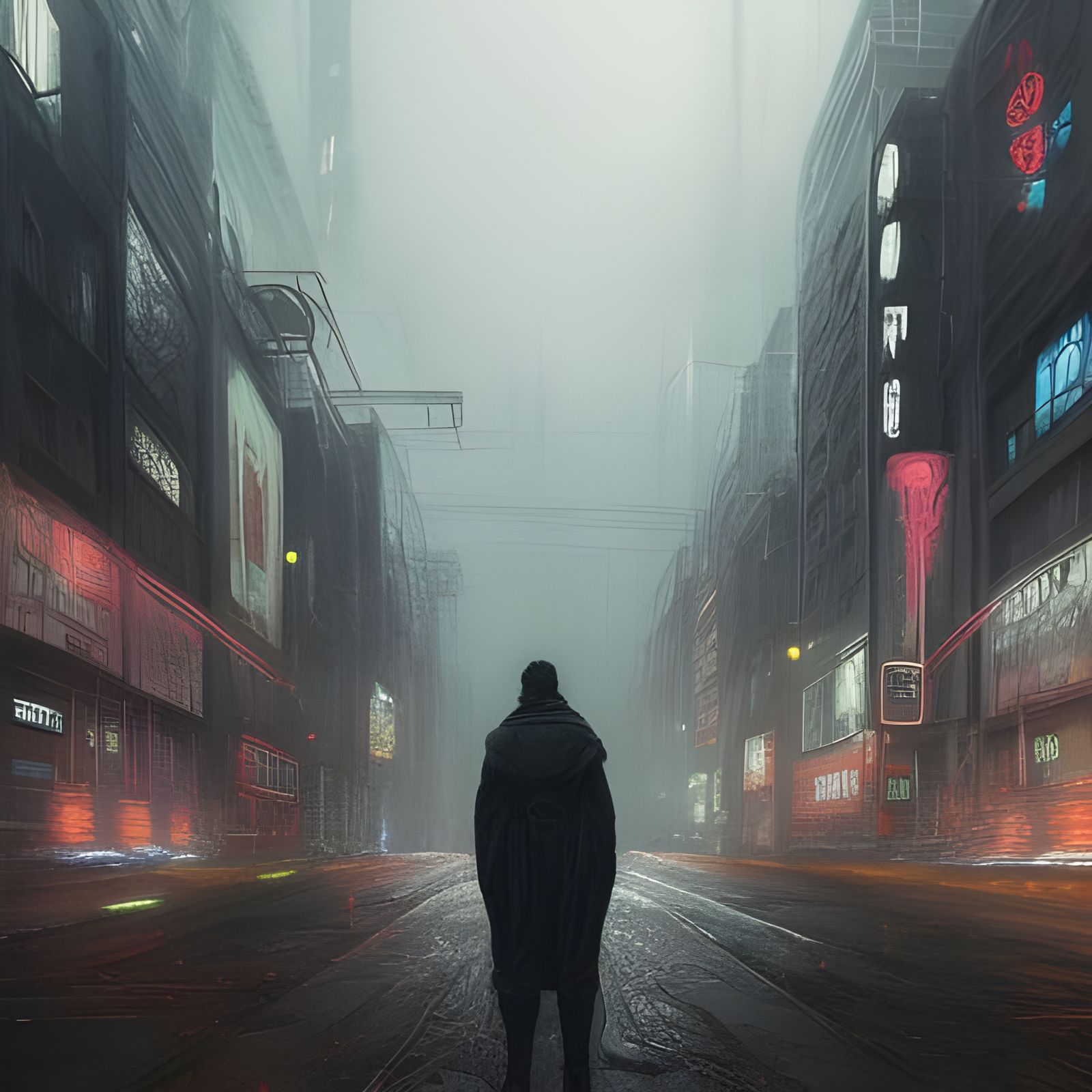professional ominous concept art of a dreary cyberpunk downtown street and black eyeballs by artgerm and greg rutkowski....