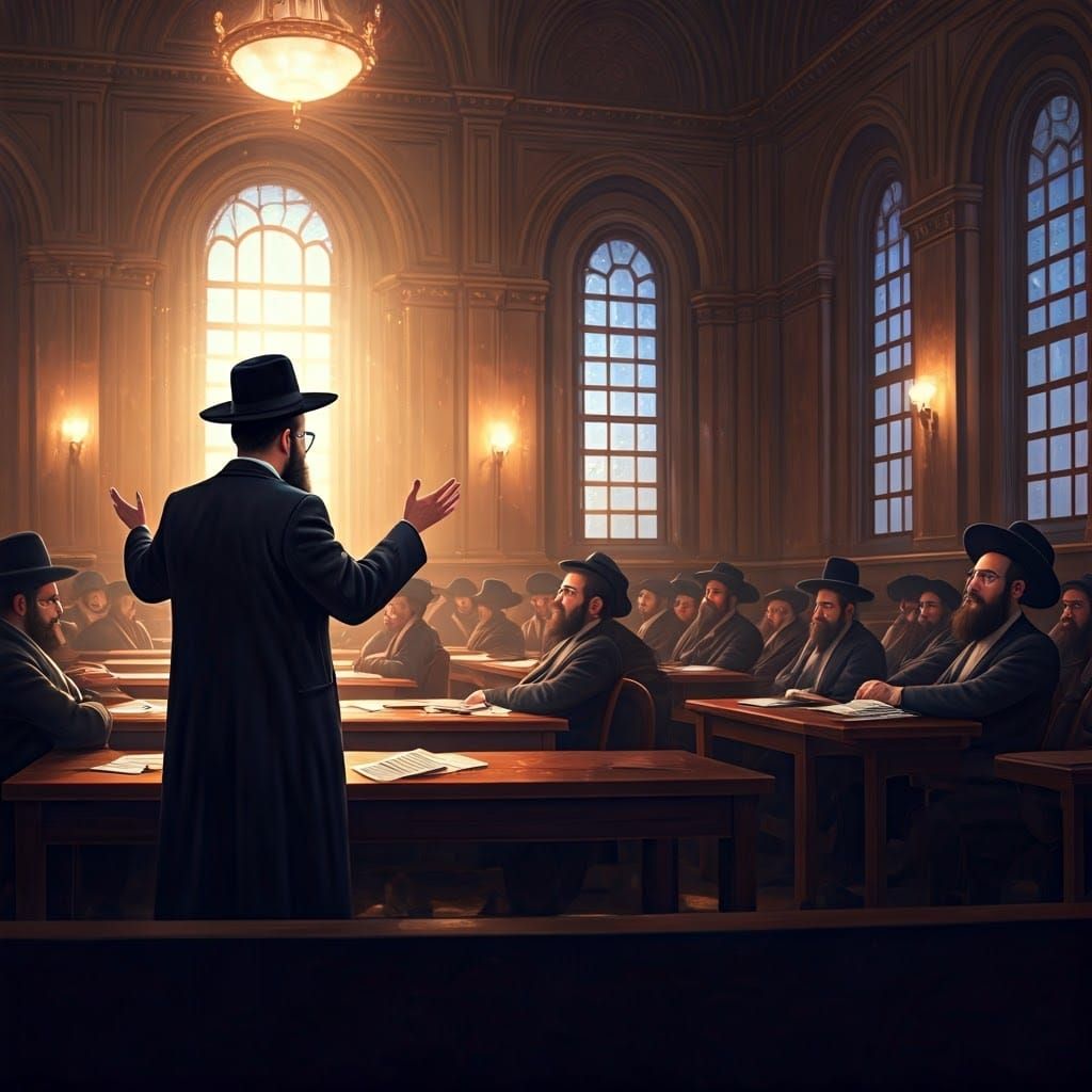 הרב עם כובע  , עומד בראש הית מדרש היהודי ואומר הרצאה עם כל ה...