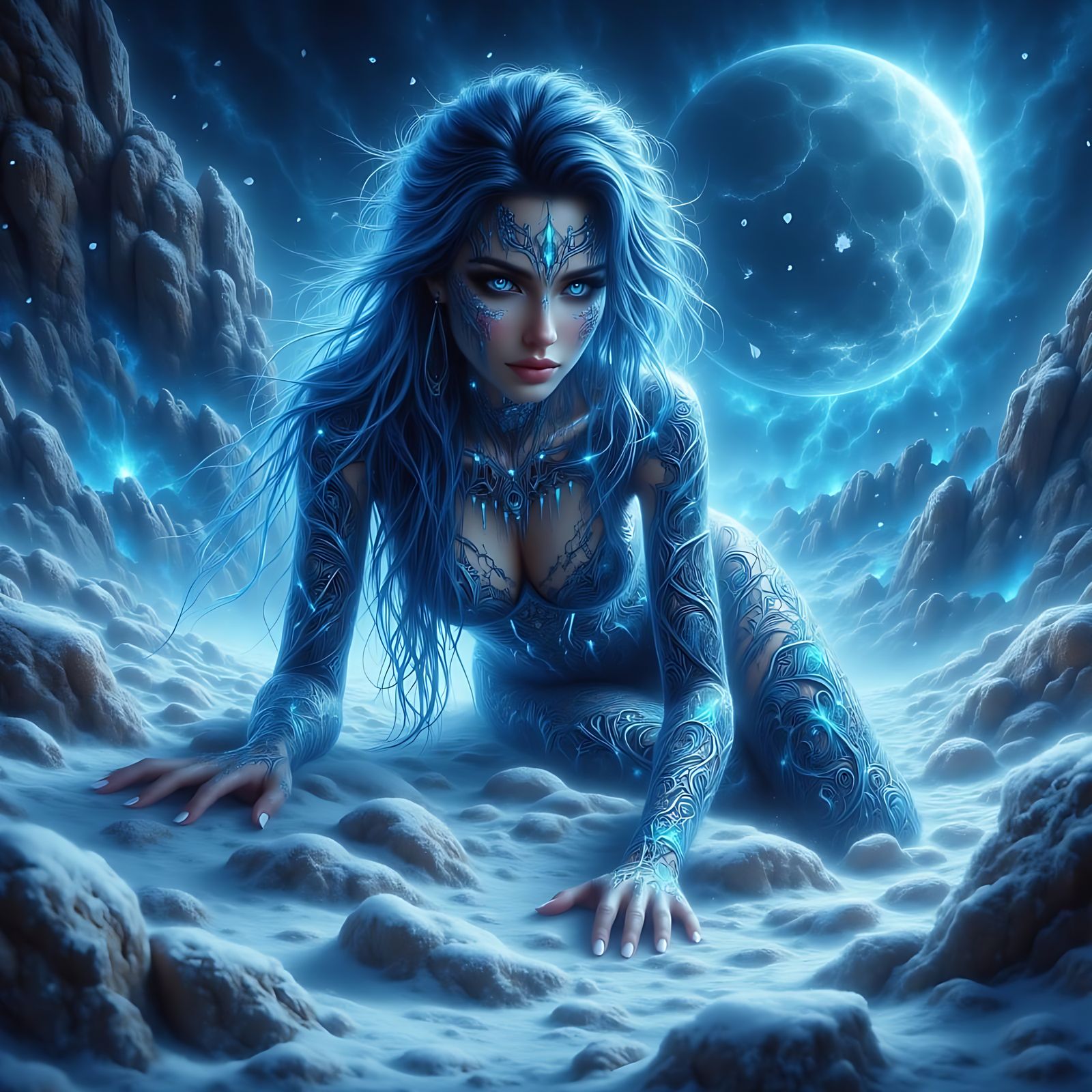 Ice Maiden with Bioluminescent Tattoos in Fantasy Painting