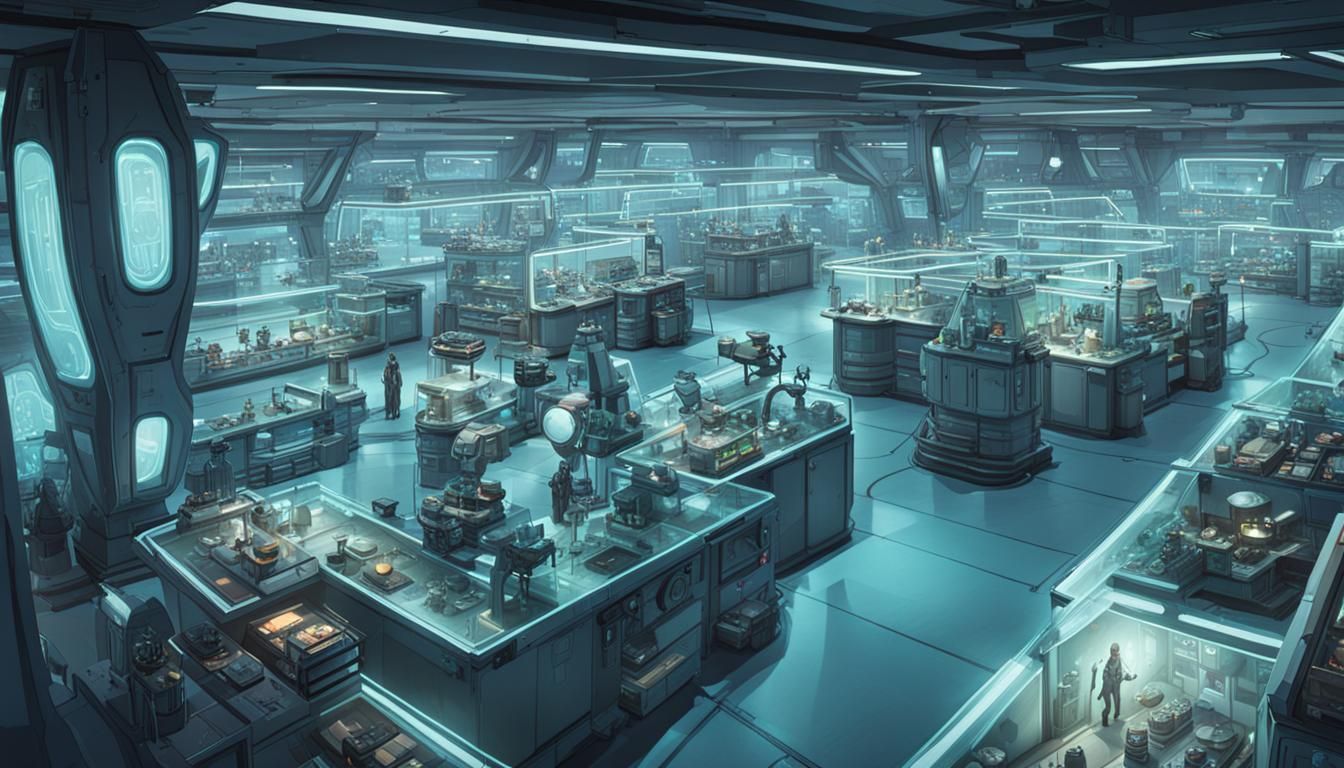 A futuristic laboratory crowded with equipment and container...