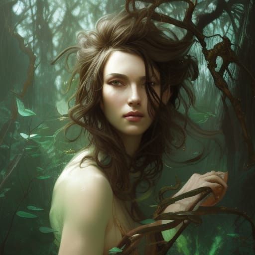 wild woman in ancient forest
