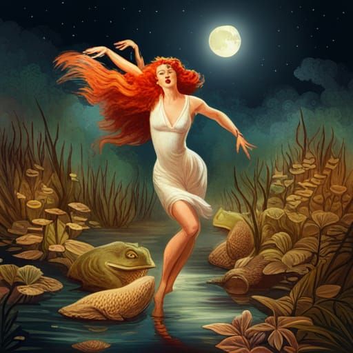 beautiful redhead frog woman covered in botanicals goes insa...