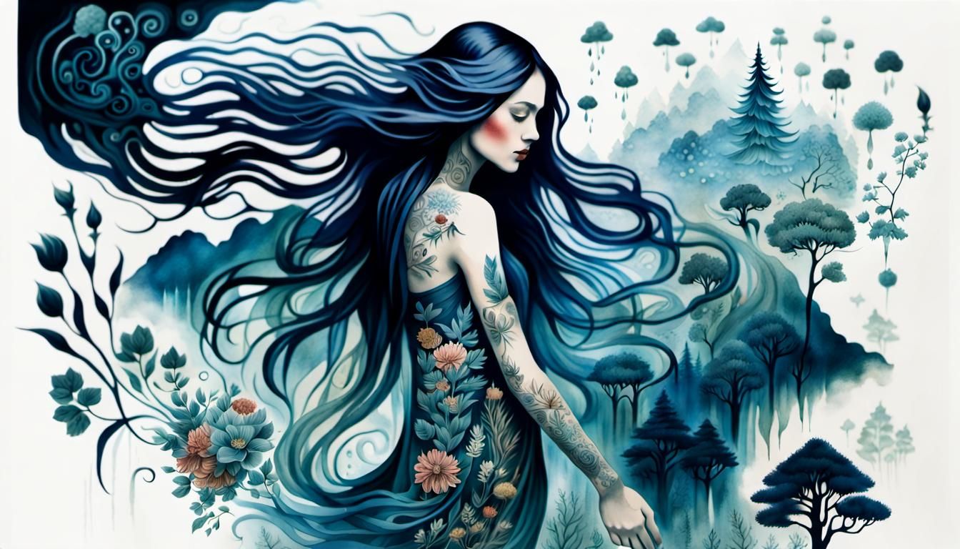 tattooed model with long hair in motion showing tattooed bod...