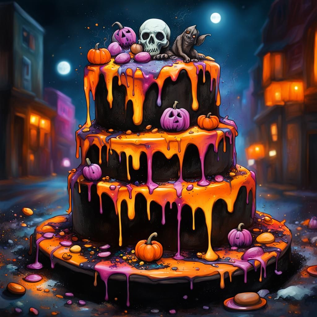 Halloween cake in the night with worry