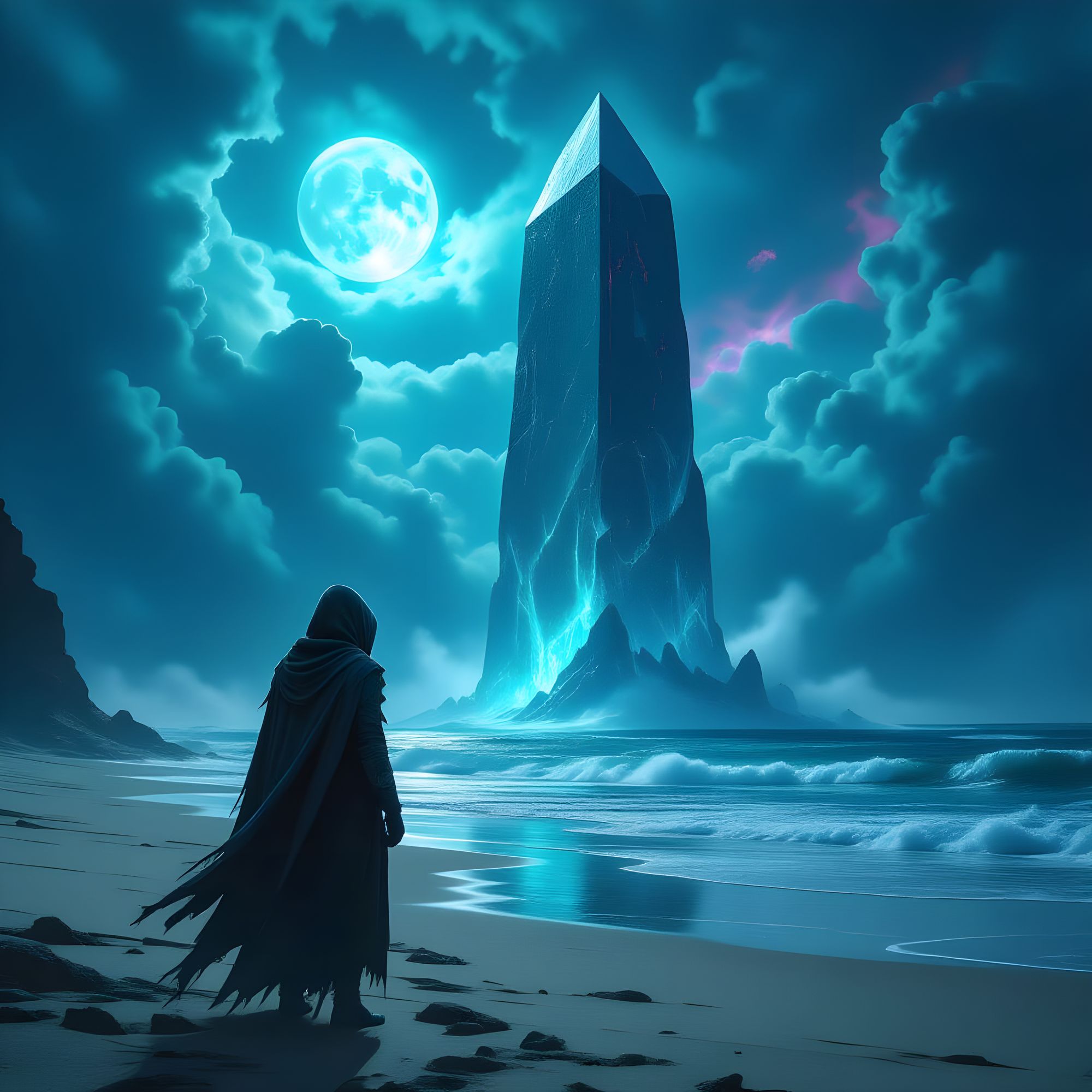 A solitary figure stands on a desolate, alien beach, gazing at a colossal, crystalline structure rising from the ocean. The sky is a turbule...