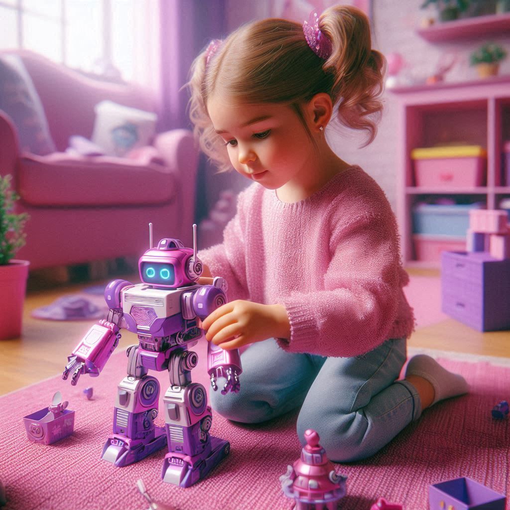 little girl playing with a robot