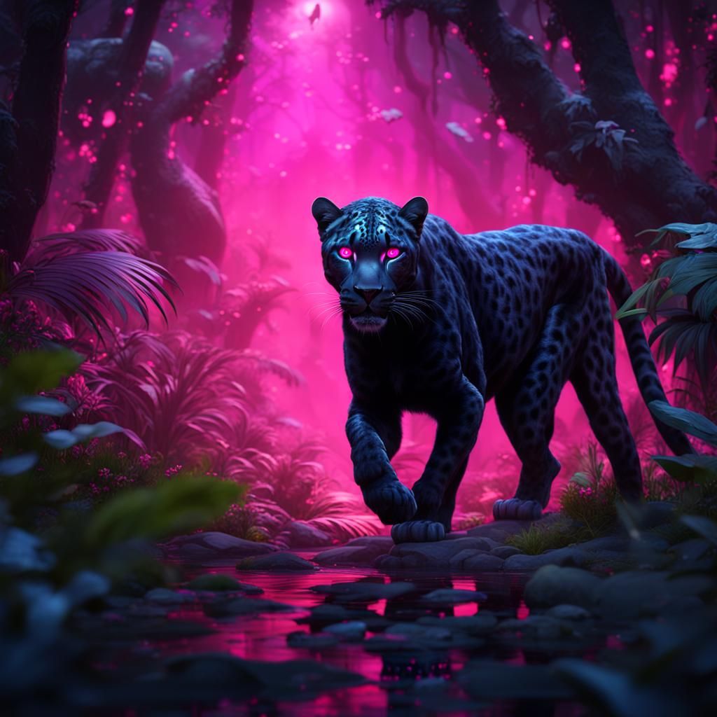 A black Leopard with pink eyes walking towards the camera th...