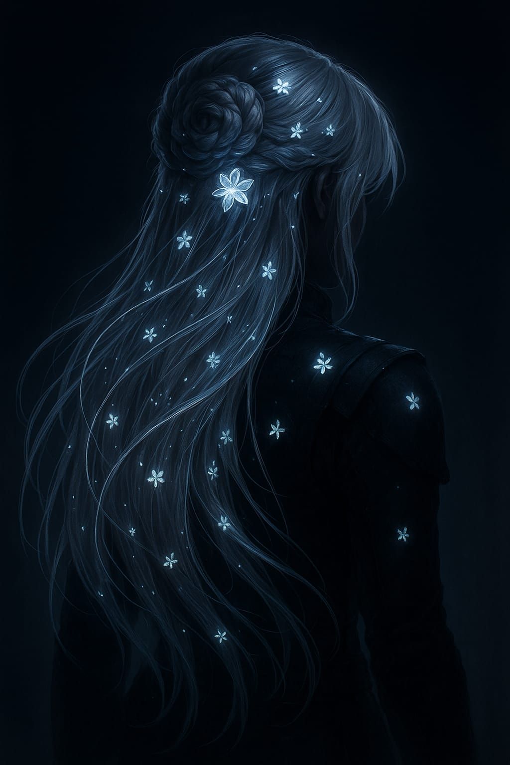 Cinematic fA mysterious ninja’s back, her long white hair