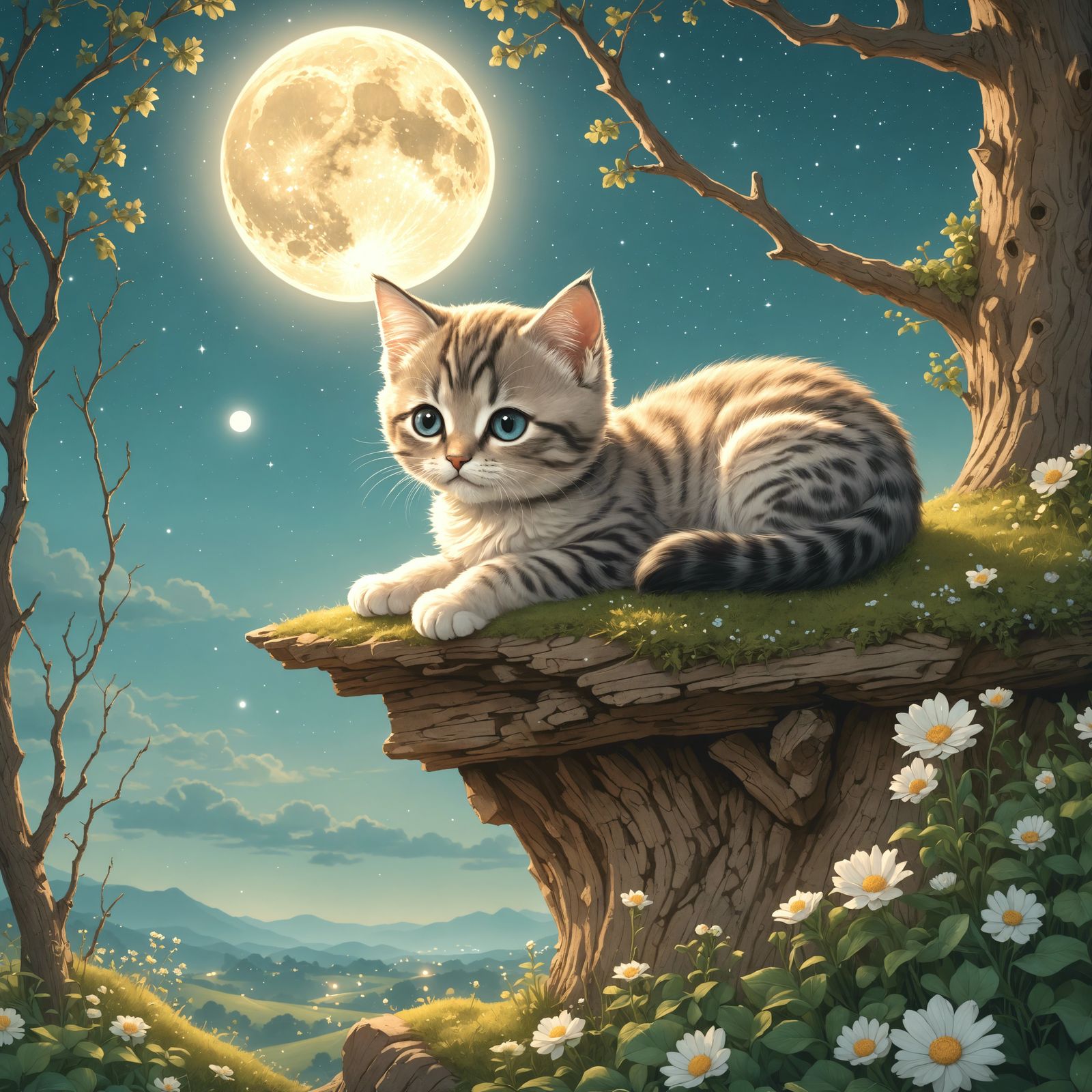 Chibi Kitten Stargazing in Dreamlike Landscape