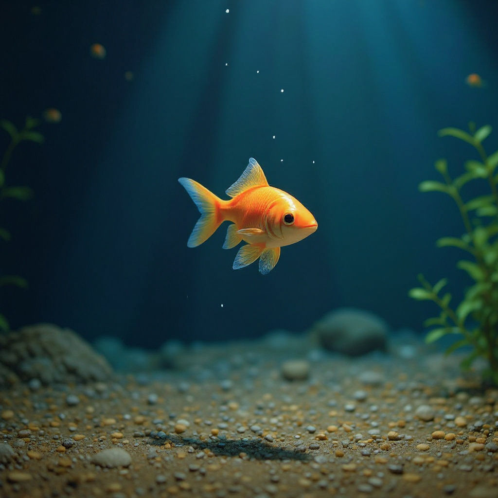 generate an table on which 9 do you read it? Nine round glass aquariums stands filled with water and one golden fish which is captured in th...