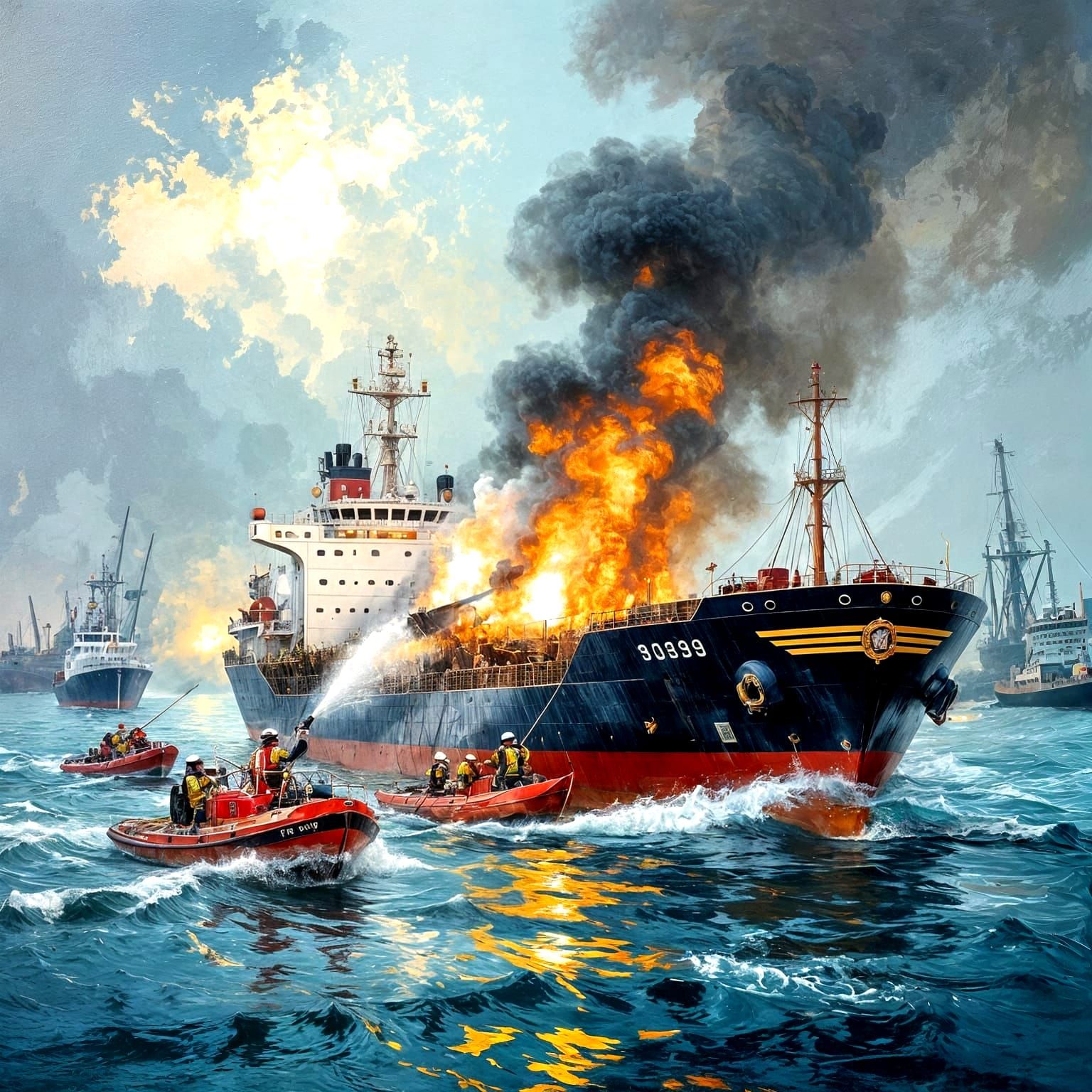 Firefighter Boats Battle Burning Oil Tanker in The Hague