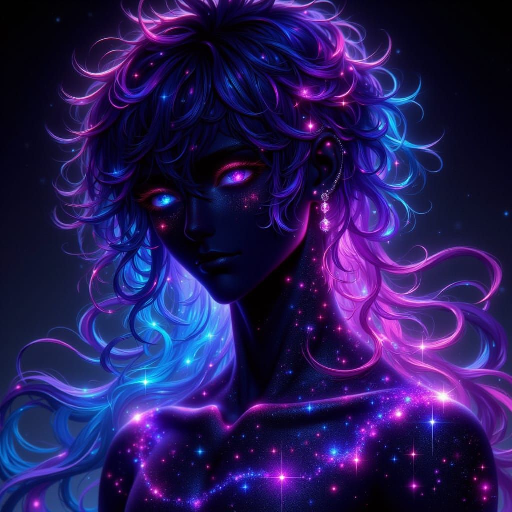 <lora:Boing:1.0> boing, dark anime, oil painting effects, vibrant silhouette of a male, glowing effects, pretty male, celestial themed, dark...