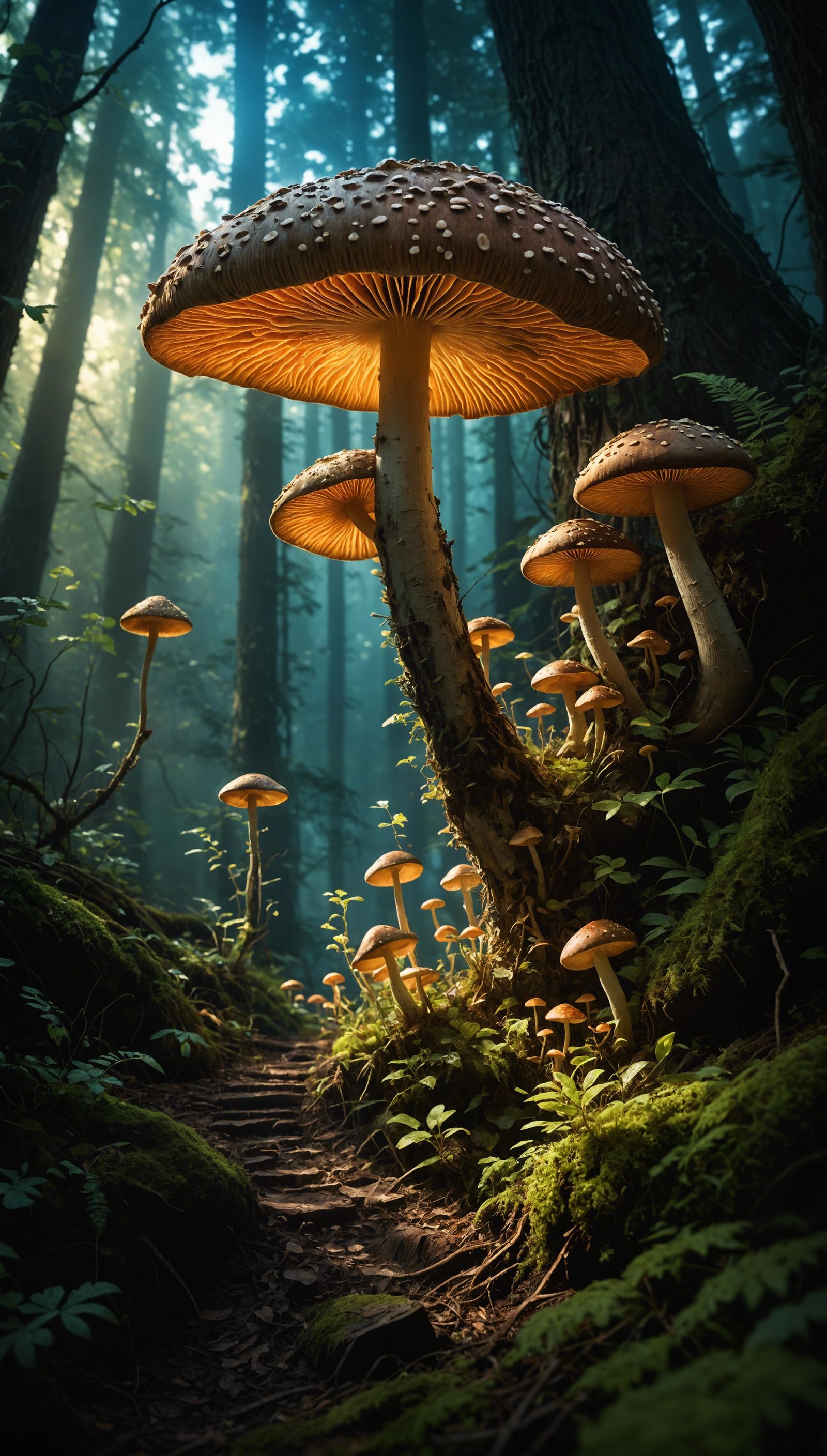 A photorealistic picture of a magnificent mushroom forest, golden ratio, back lighting only, intricately detailed, volum...