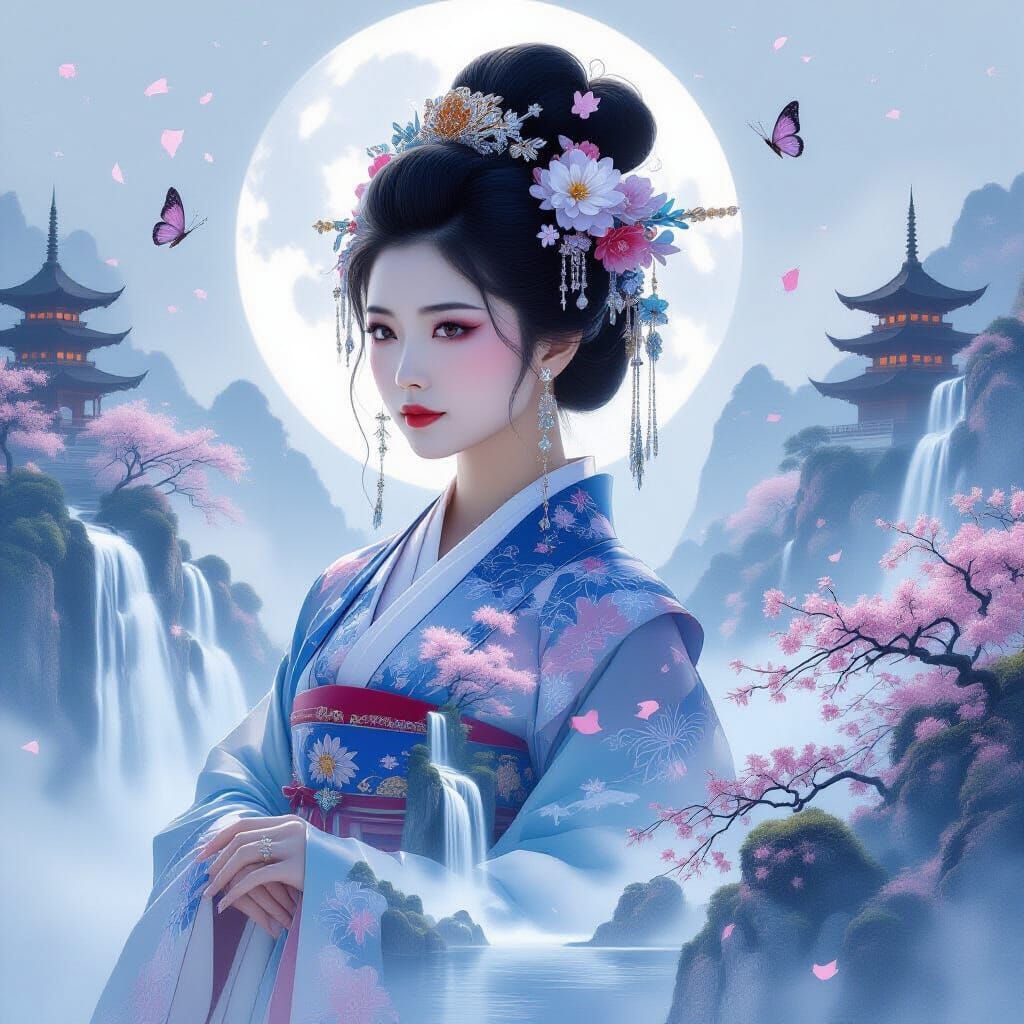 A 6 dimensional double exposure image silhouette of a beautiful East Asian woman adorned in ornate traditional attire and celestial hairpiec...