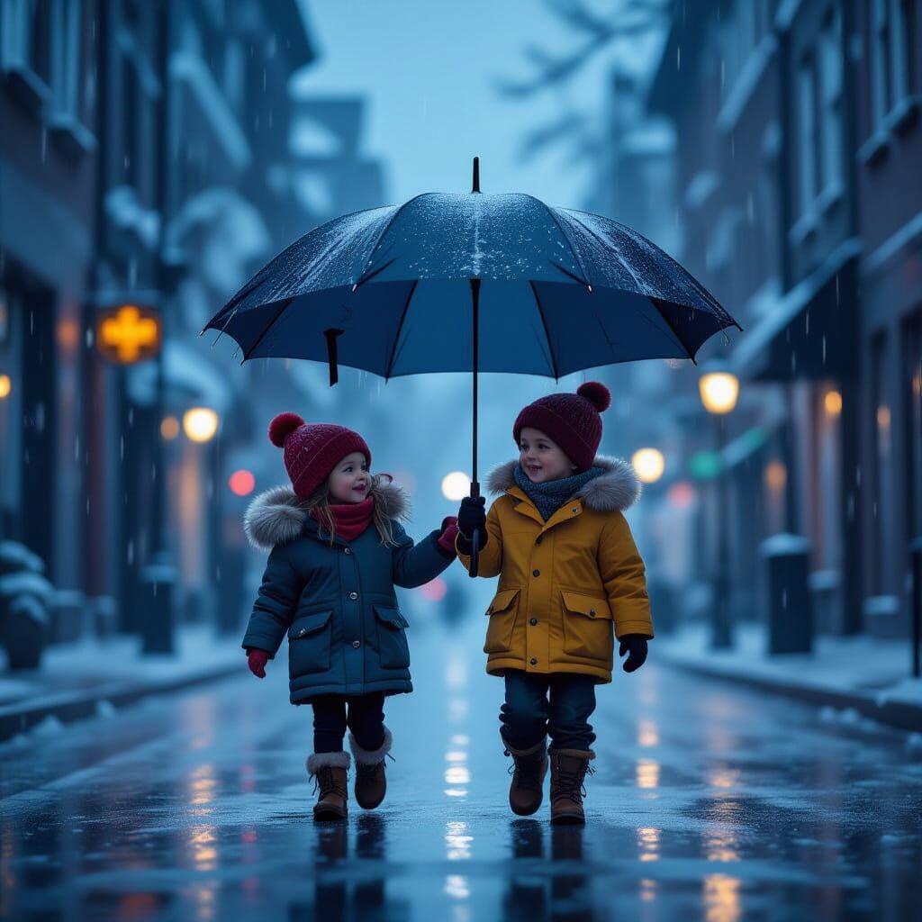 Joyful Children Under Umbrella on Rainy Night
