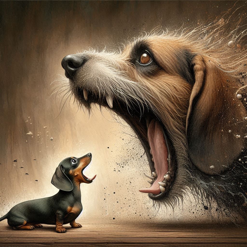 The Big Dog says: Look at my roar Dwarf.... The Dachshund sa...