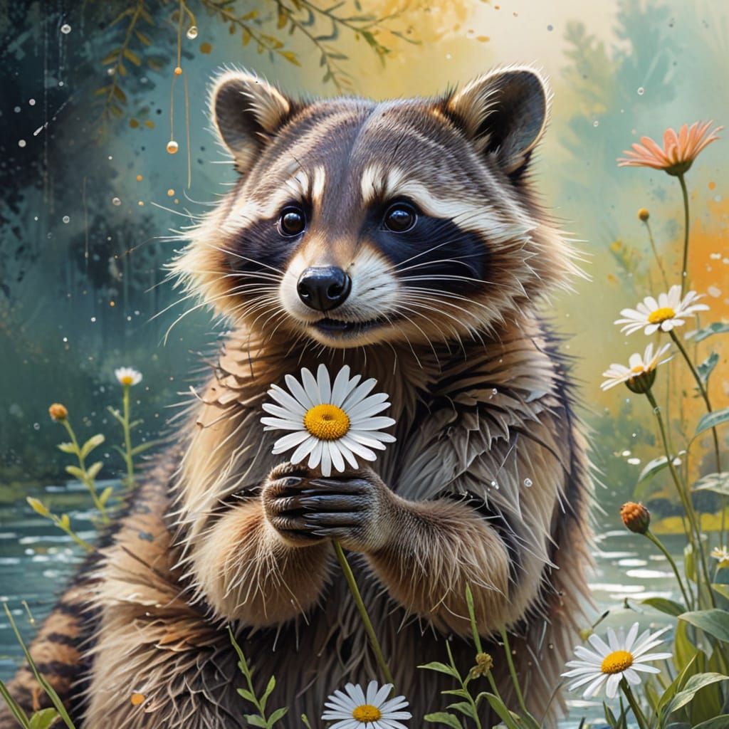 happy racoon holding a daisy with only one petal: down by the old mill stream: VECTORAL MAGIC: abstract ...  by @Derrell Mcclure