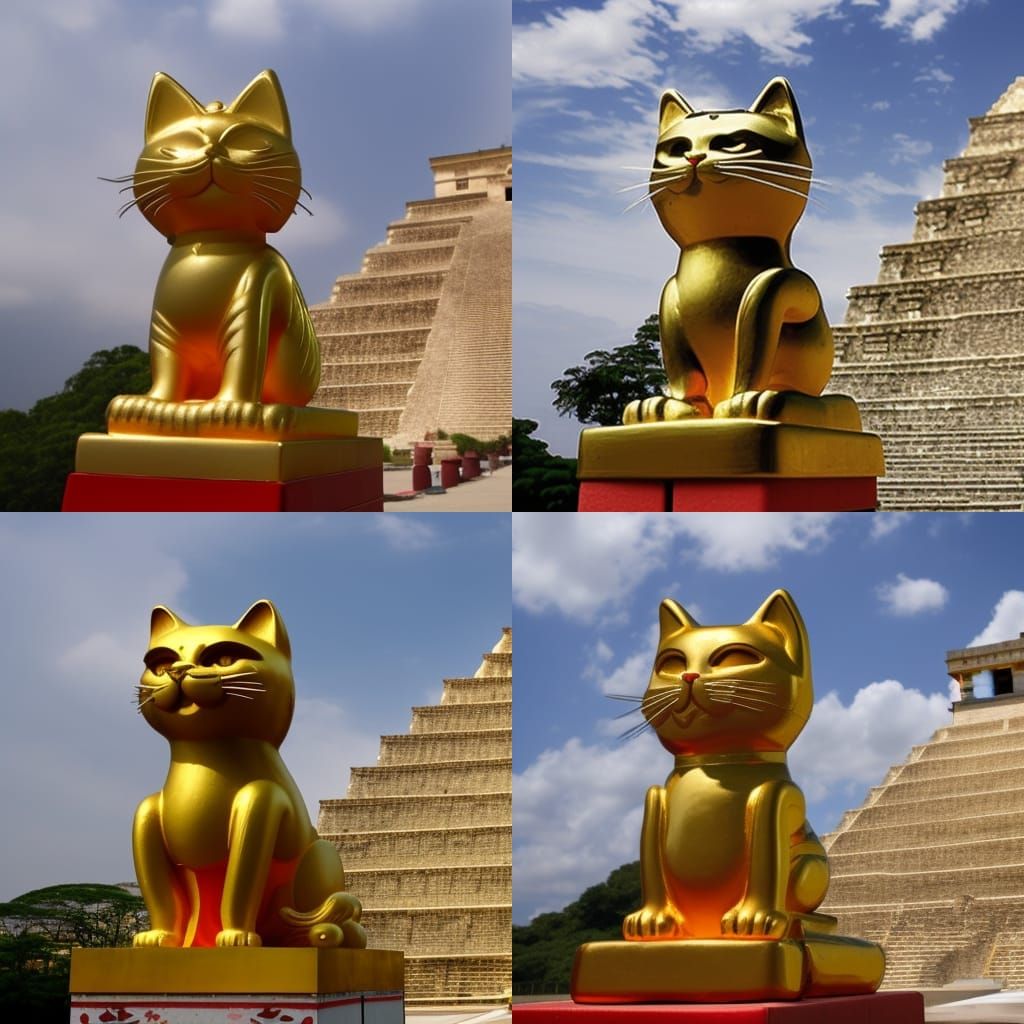 gold statue of lucky cat in front of Maya pyramid