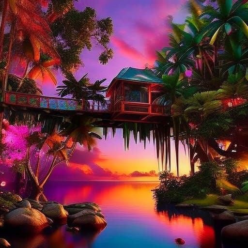Sunset Landscape in a Dream-like Tropical Oasis | Stable Diffusion v2.1