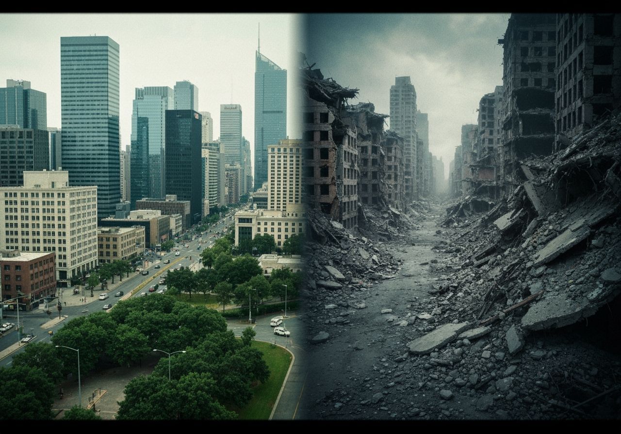 One side showing a thriving city and the other in ruins  by @Apilas