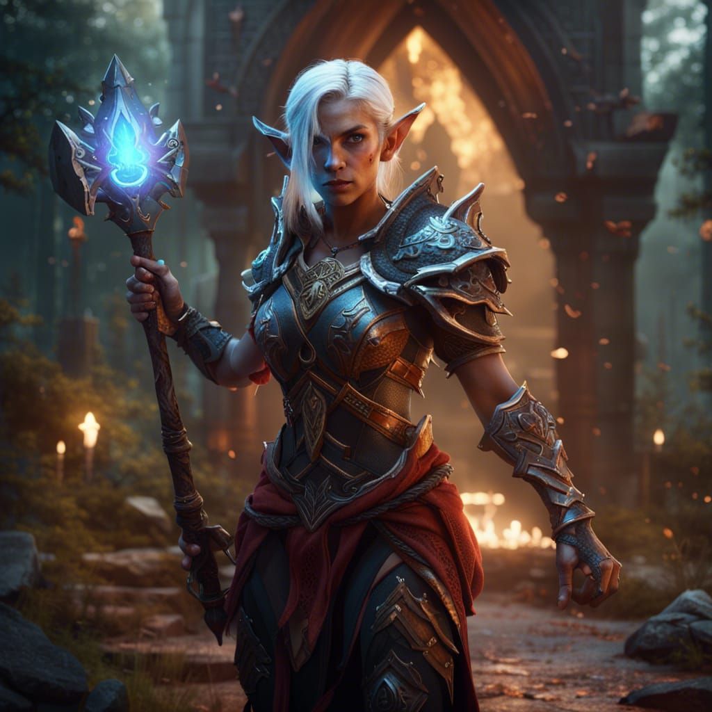 A beautiful female elf mage warrior stands holding a staff - AI ...