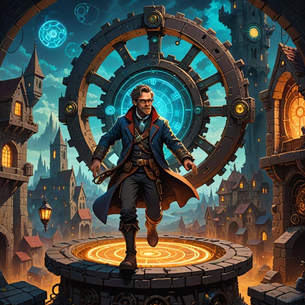 A scientist stepping through a glowing portal into a medieval village.
An inventor surrounded by gears, ...  by @Jer Morgan