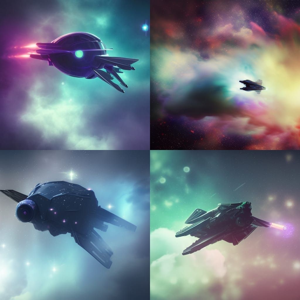 A spaceship fly in a foggy nebula