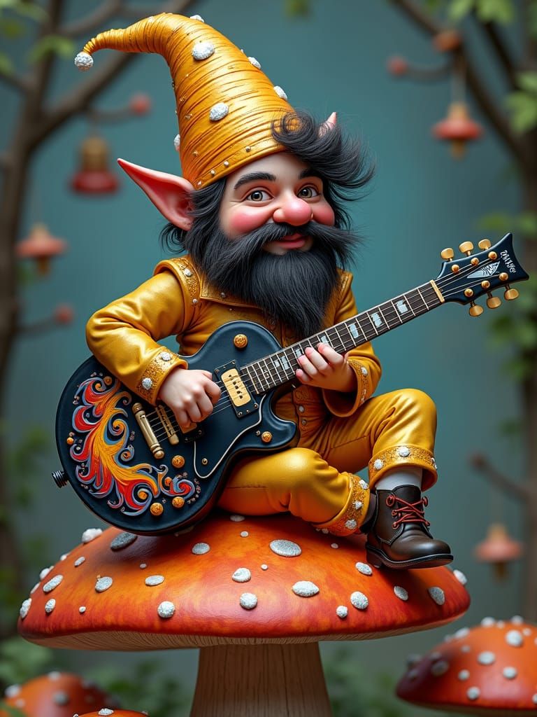 A close up of a gnome sitting on top is a large toadstool, w...
