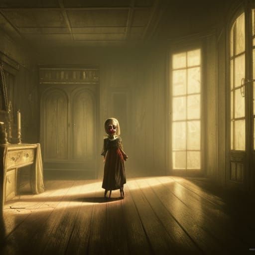 A creepy possessed doll in a haunted house