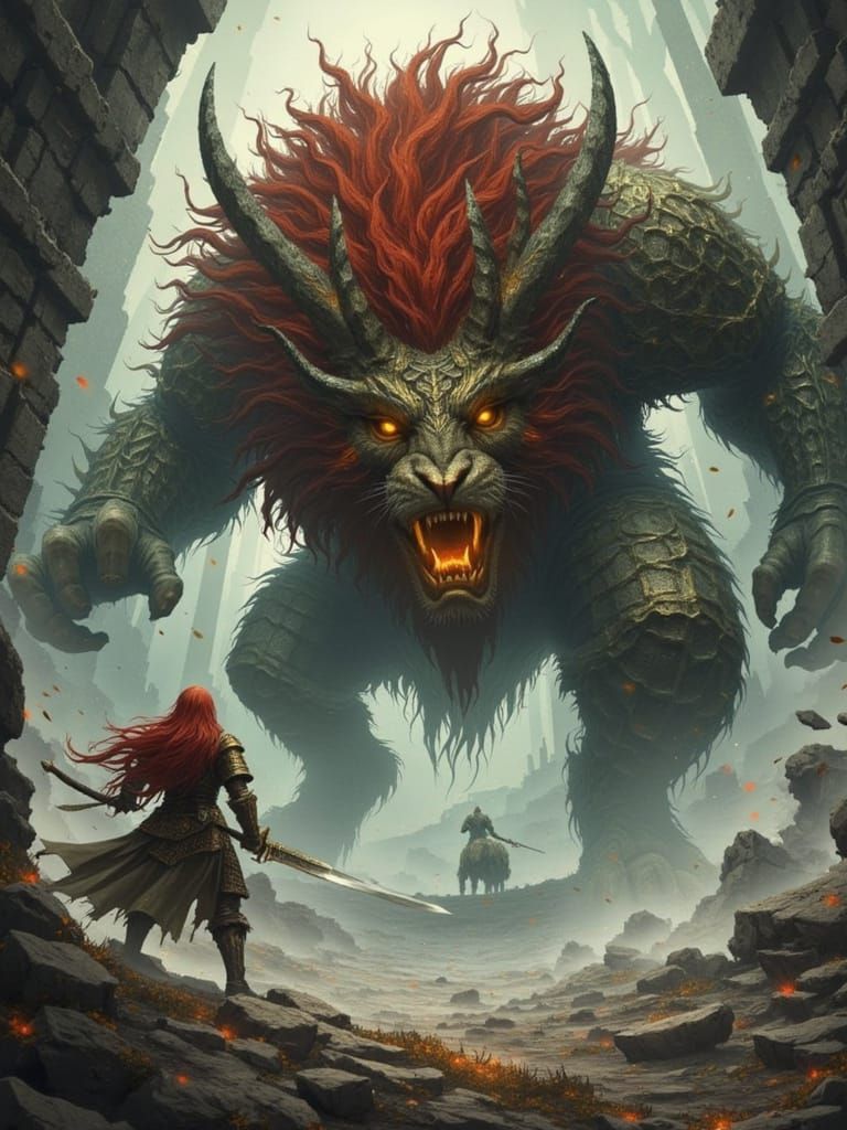 A red-maned warrior braces in shattered stone ruins as a colossal relic-beast lunges forward—a lion-like abomination crowned with twisted ho...