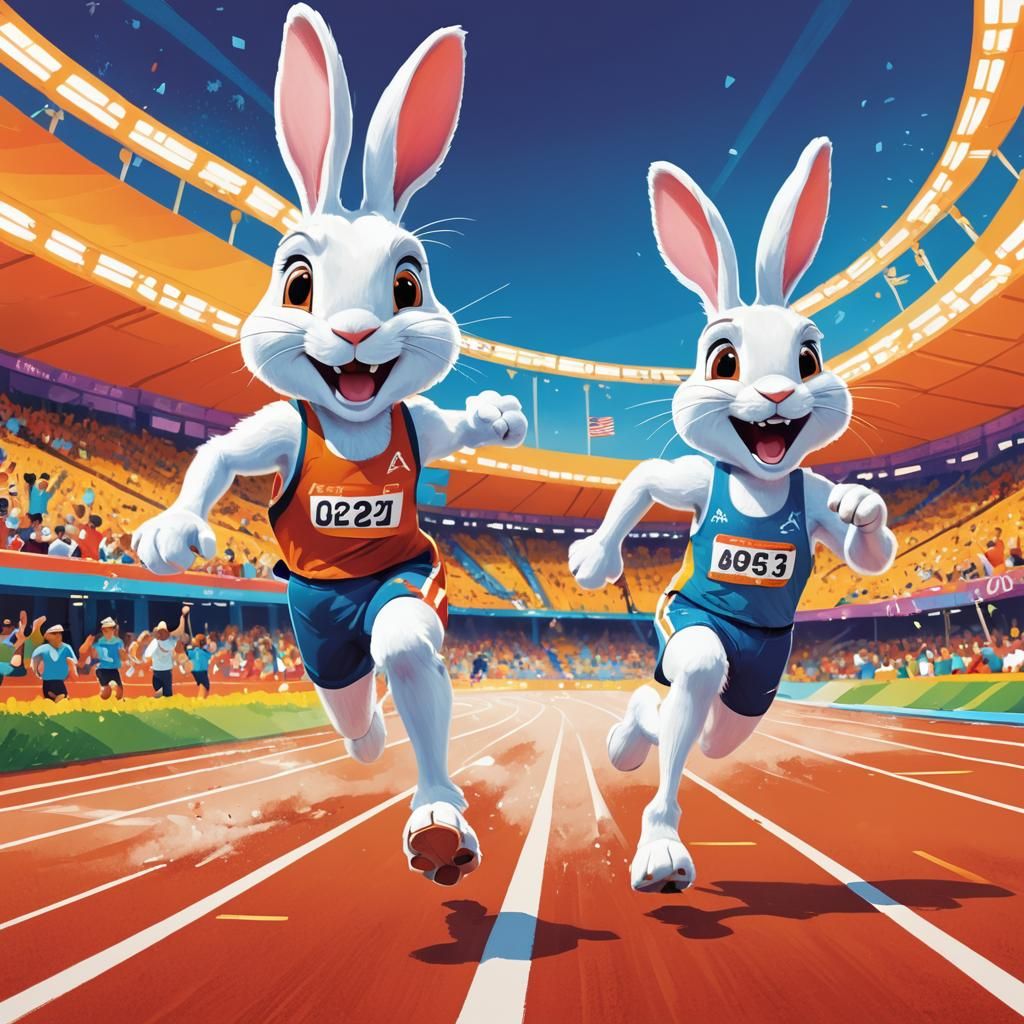 Create a dynamic and humorous artwork showcasing two rabbits participating in a sprinting event. Illustrate ...  by @Artificial Intelligence Artist
