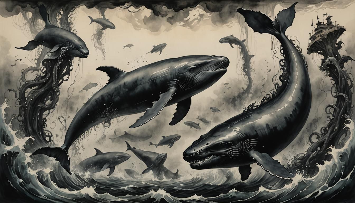 A group of whales swimming away from menacing tentacles, underwater, deep sea, ink painting, poster art, sumi-e, modern ...