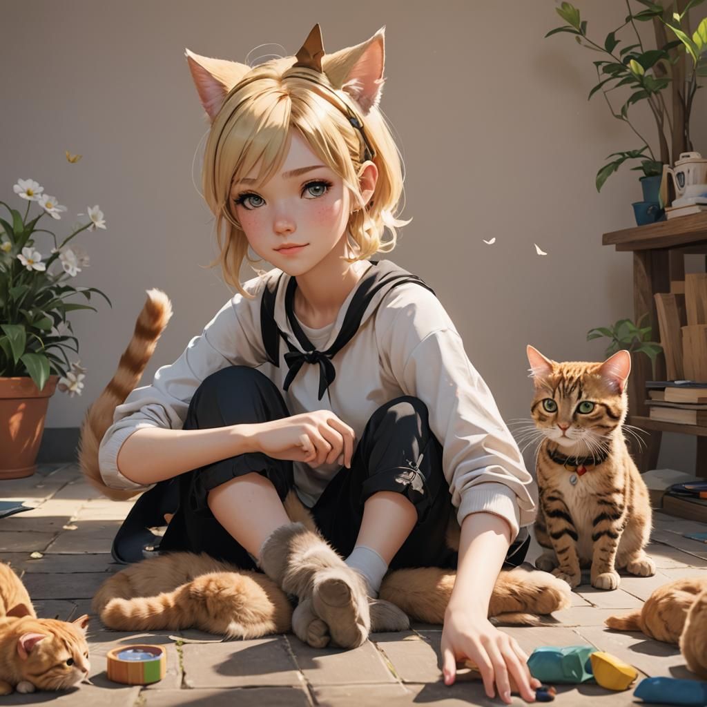 blonde girl with pixie ears playing with a cat