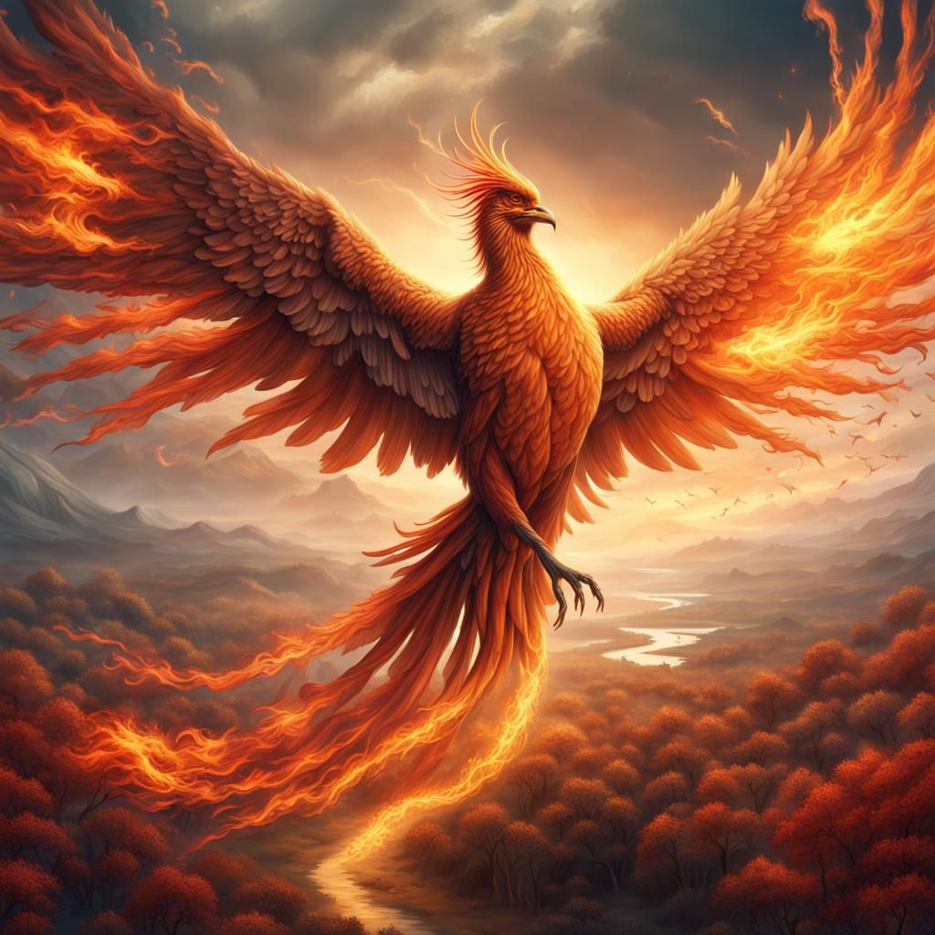 Orange Phoenix Bird Spreading Fire Above Nature