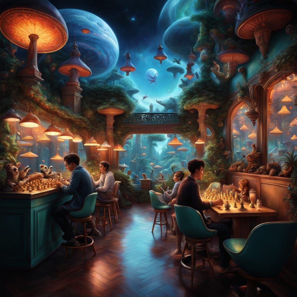 Our much-loved Night café with visitors created by AI  by @Galina Bolshakova