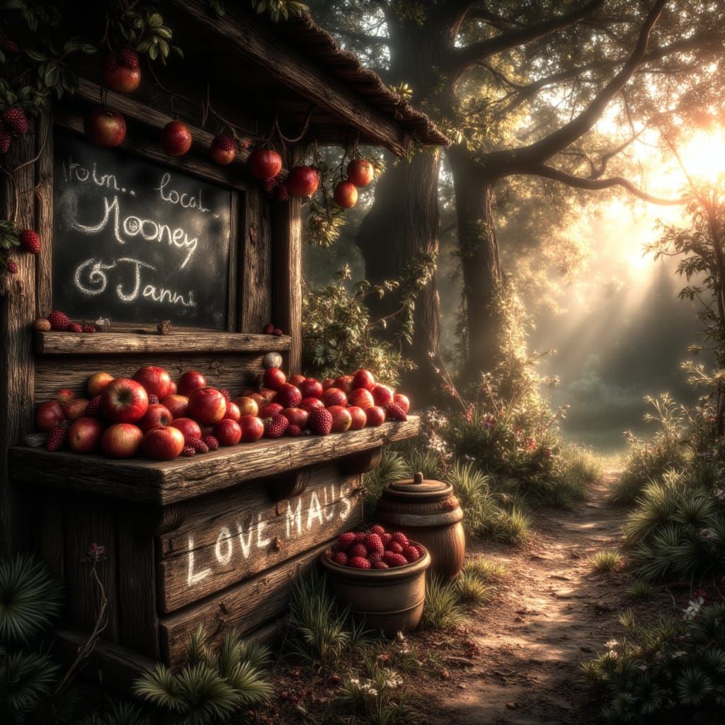 Rustic Farm Stand with Apples and Strawberries