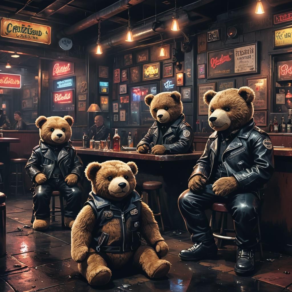 Teddy bears hanging out in a biker bar