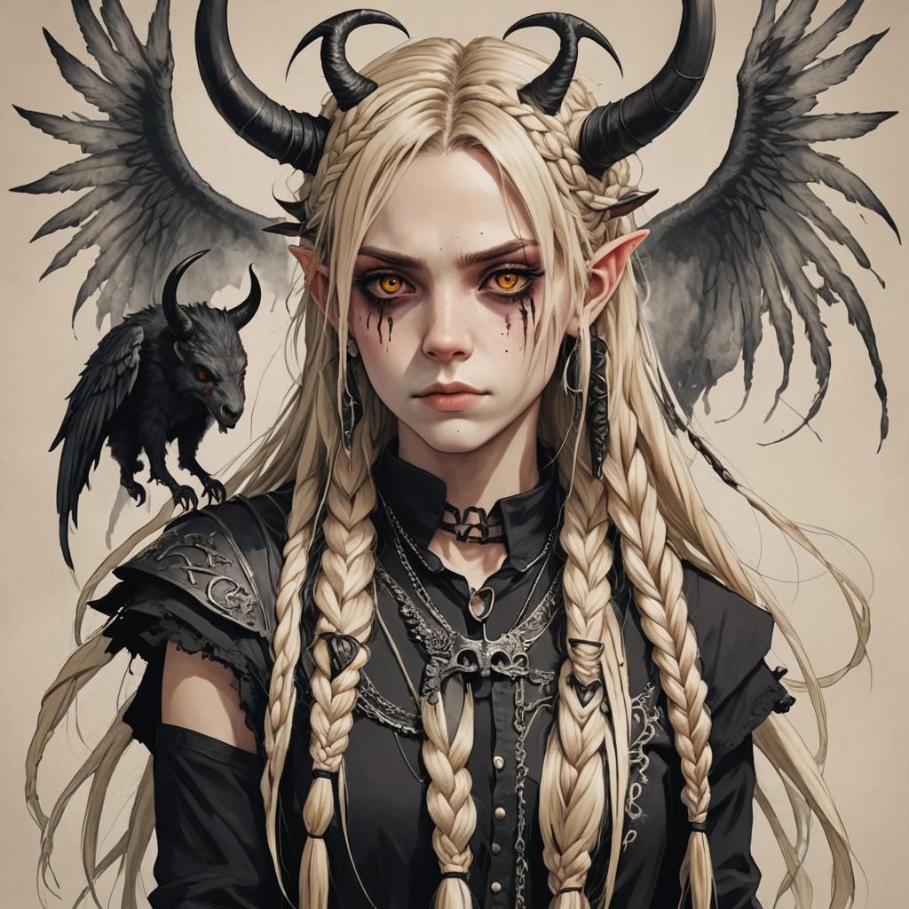 Mother Demon long blonde braids horns wings
  And emo son