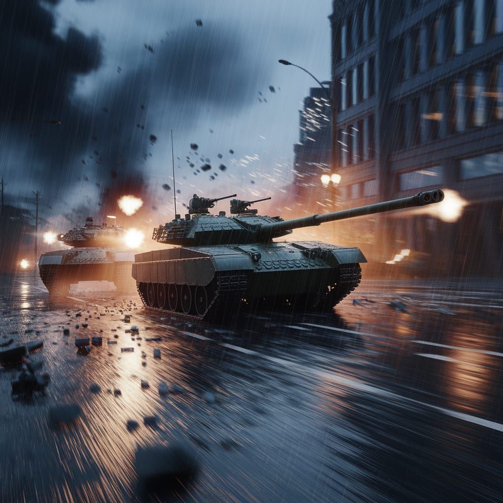 Armored Tank Combat in Rain-Soaked City Night