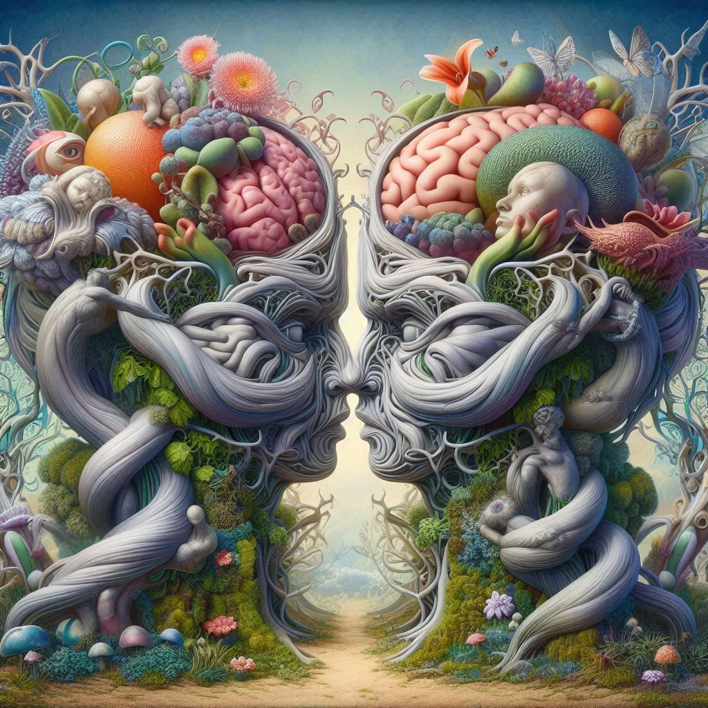 A surreal garden party with whimsical sculptures and strange creatures. The image depicts two intertwined figures reveal...