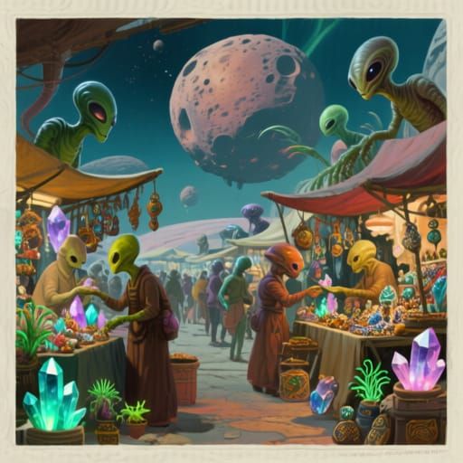 A bustling alien marketplace 