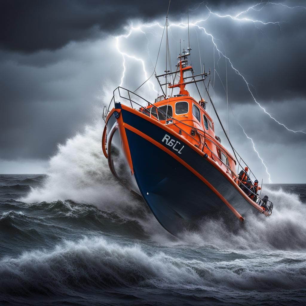 RNLI Lifeboat in extremely stormy sea lightning  rescuing wr...
