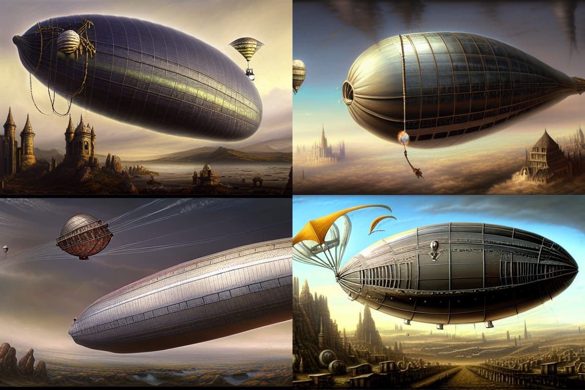 Spheroid dirigible airship dropping anchor from the sky, 1500s ...