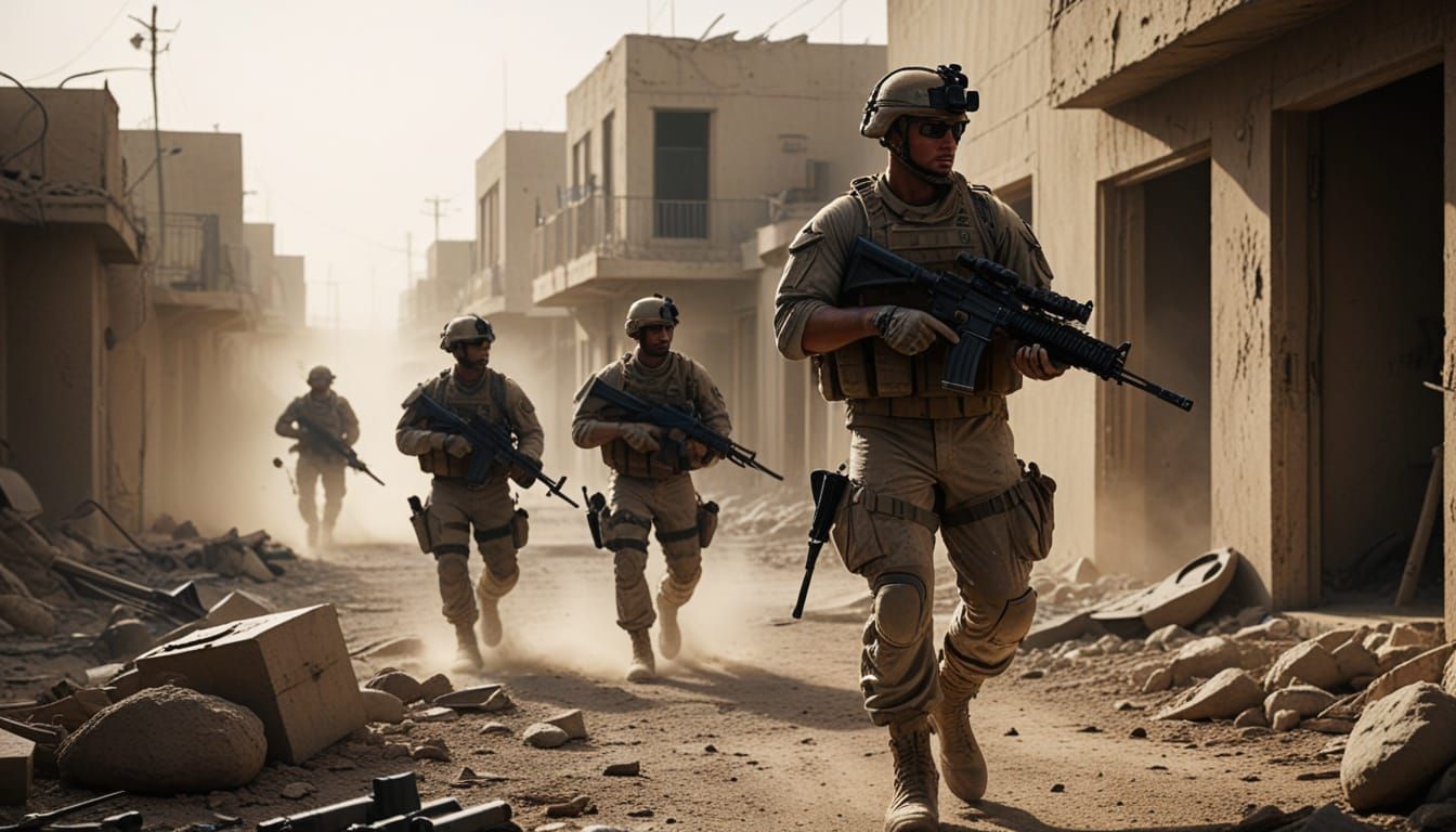 Careful, slow Room clearing in Fallujah. US soldiers going room-by-room looking for insurgents. Slow is smooth, smooth is fast. guns to thei...