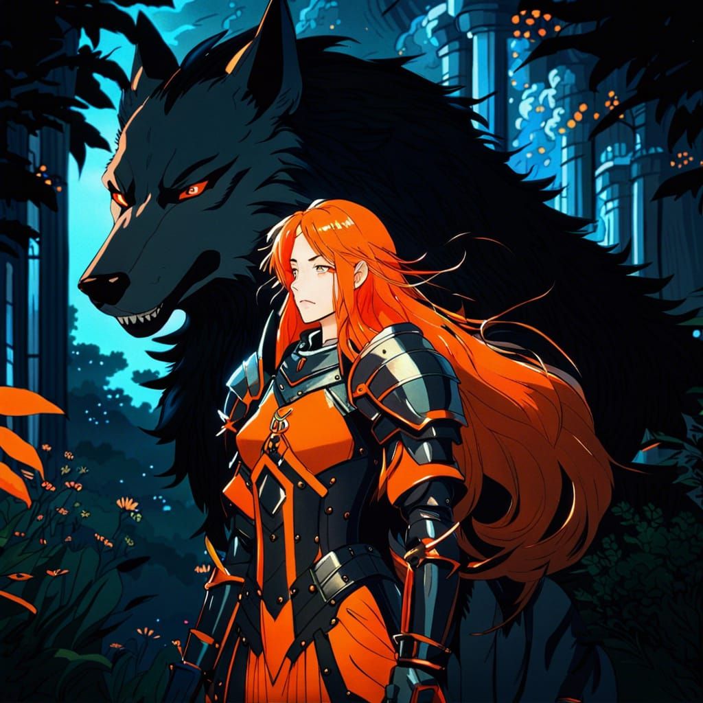 serious woman long bright orange hair fantasy saint in armor...